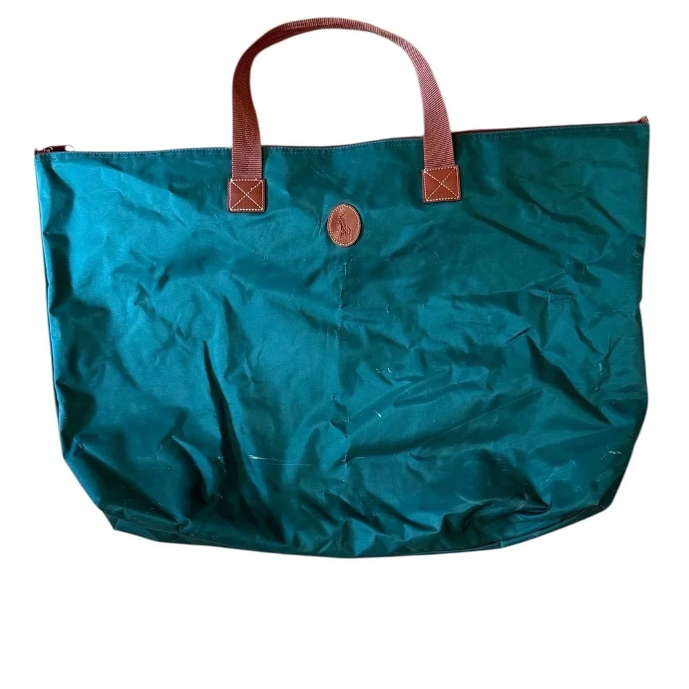 Polo Ralph‎ Lauren Green Nylon Oversized Tote Bag Zip Top Weekender Travel Bag